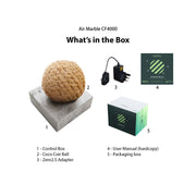 Image of Control box, coco coir ball, Zero 2.5, user manual and Air Marble CF4000 box on a white background